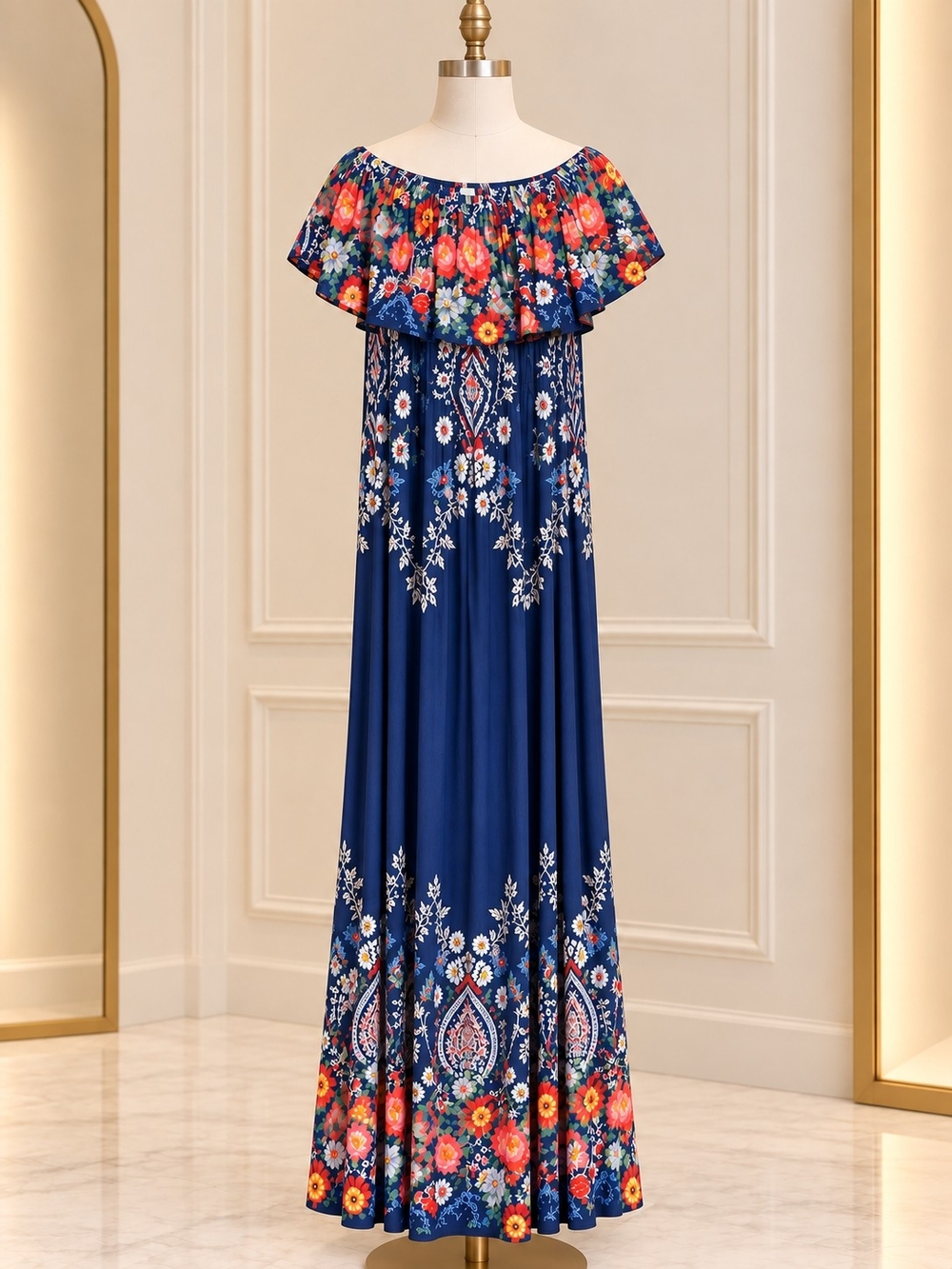 Floral Off-Shoulder Navy Maxi Dress